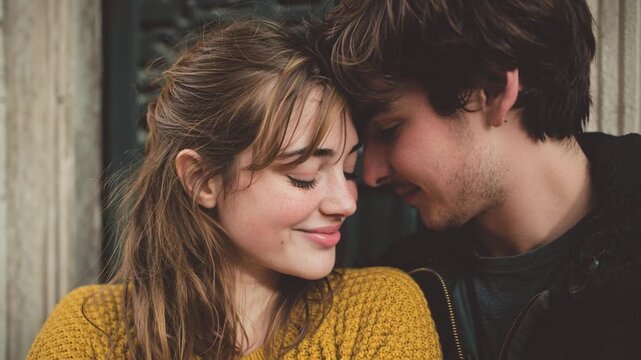 A loving couple sharing an intimate moment, their foreheads gently touching.