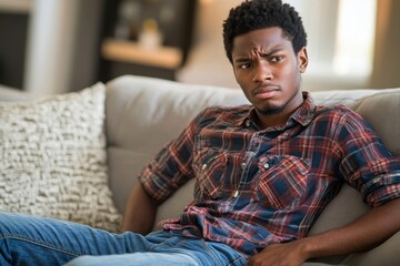 young African American man sitting on the couch at home, experiencing nausea and severe pain, holding his , showing signs of discomfort, and awaiting relief from illness, Generative AI
