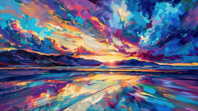 Ocean Waves gently roll onto a dark sandy beach under a mesmerizing Sunset. The sky is painted in warm shades of orange, pink, and purple, reflecting on the wet sand. Travel, Nature, and Tranquility