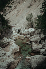 Rocky alpine landscape in Ötscher-Tormäuer Nature Park with waterfalls cascading between cliffs and a crystal-clear green river flowing through the canyon valley. Wild, untouched beauty of Austria.