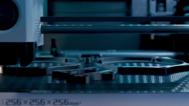 Slow Motion Demonstration of a 3D Printer Meticulously Creating Detailed Parts in Workshop