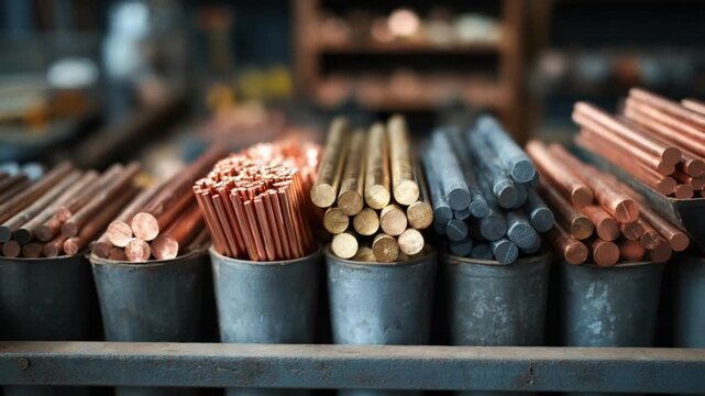 Metallic Symphony: An industrial close-up showcases a variety of metal rods arranged in buckets, highlighting diverse colors and textures that represent the elements of industry
