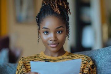 Young African American female student receiving the results of the exam, interview, or admission to the university. Reading the received letter while sitting at home on the sofa, Generative AI