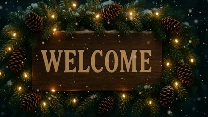 Welcome sign pine garland warm light snow pinecone rustic wood christmas wreath home doorway glow cozy winter door decor happy - Powered by Adobe