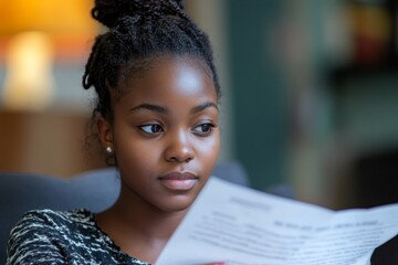 Young African American female student receiving the results of the exam, interview, or admission to the university. Reading the received letter while sitting at home on the sofa, Generative AI