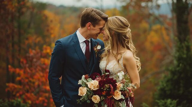 A loving couple sharing a tender moment during their wedding.