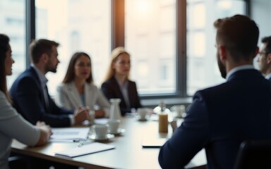 Blur a group of employees are sitting in a meeting and listening to what their boss is saying about business in the organization in the small meeting room at the office in the morning. High quality