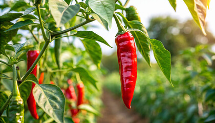 Red Chilies peppers growing in field ready to harvesting, Red Chili in field in natural warm sunlight background © Roma Digital
