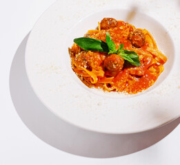 Delicious pasta dish with meatballs and fresh basil on a white plate