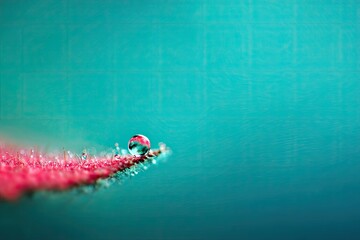 A single water droplet rests on a textured pink leaf edge against a teal background