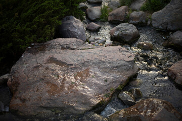 Water runs over the rocks. Rocks in the park. Mountain current.
