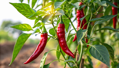 Red Chilies Peppers in field, Red Chili growing in field in natural warm sunlight background