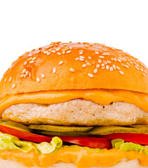 Fresh chicken burger with lettuce, tomato, and cheese served in a sesame bun