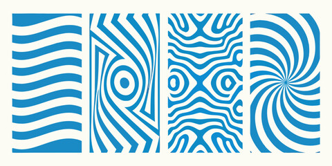 Abstract blue and white optical illusion patterns set vector design