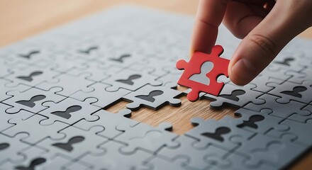 A hand places a red jigsaw puzzle piece, completing the picture of interconnected people.