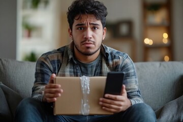 Worried Hispanic man sitting on the sofa at home, holding a parcel and a phone, looking upset and disappointed, reflecting concerns over an unexpected situation or delivery, Generative AI