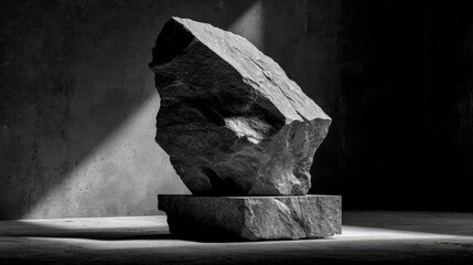 Dark, angled stone sculpture, lit by sunbeam
