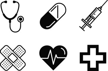 Monochrome Medical and Health Vector Icon Set: Stethoscope, Syringe, Pill, Heartbeat, and First Aid Cross Illustrations for Healthcare Designs.