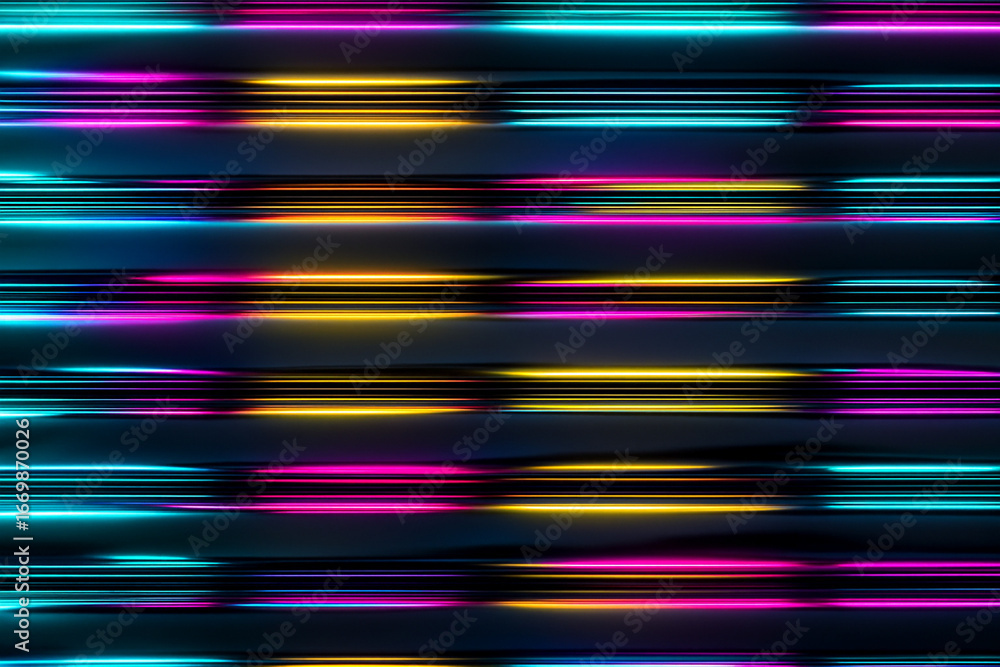 Poster vibrant abstract background with horizontal neon light stripes in multiple bright colors on dark sur