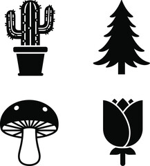 Black and White Nature and Plant Icons: Potted Cactus, Pine Tree, Mushroom, and Flower Vector Illustrations for Decorative and Organic Designs.