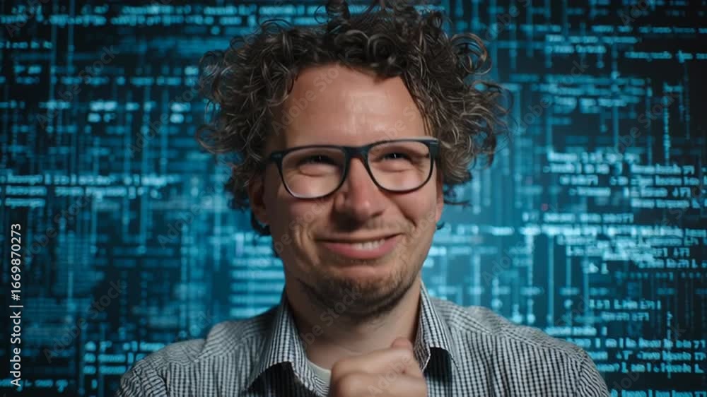 Poster computer science lecturer pondering in front of digital code background