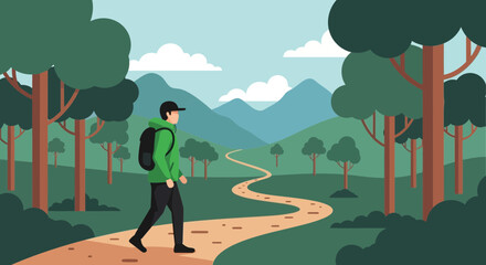 Obraz premium Adventurous hiker on forest trail illustration with serene mountain backdrop