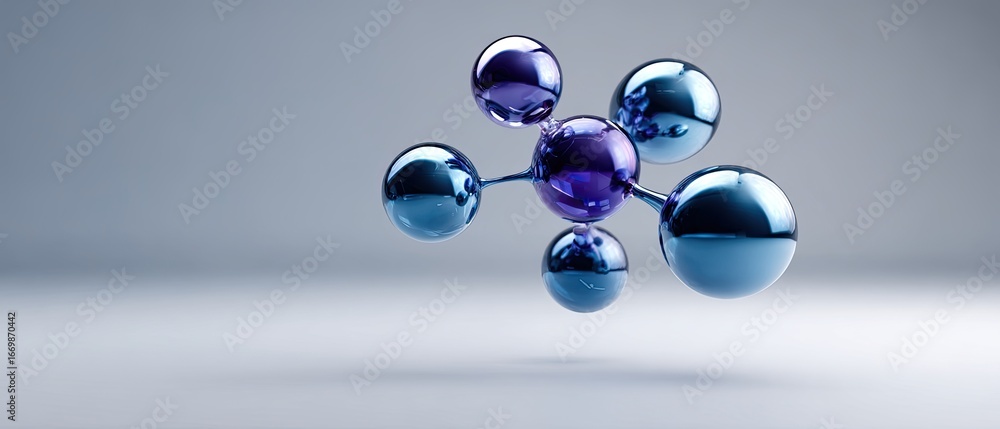 Poster molecule reaction floating concept. abstract molecular structure with glossy spheres in blue and sil