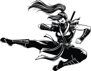  Dynamic Female Ninja Fighter in Action Pose, Martial Arts Fighter, Stealthy Assassin Illustration for Gaming, Comics, and Sports Themes © Munna_SH