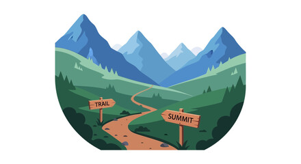 Enchanting mountain path with trail and summit signpost vector art