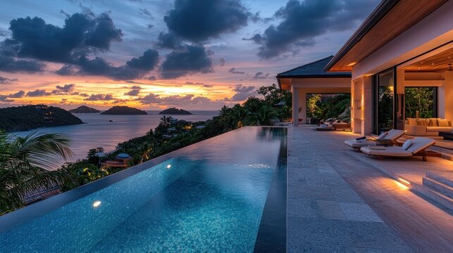Luxurious infinity pool overlooking ocean horizon from a private island villa, evening sky with soft orange and blue gradients.  