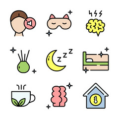 Sleep Hygiene And Wellness color icons set. Tips better sleep flat signs. Promoting relaxation and better sleep through mindful habits and routines. Isolated Vector Illustration.