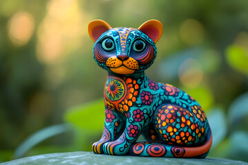 Handcrafted Alebrije jaguar in Mexican folk art tradition, wooden carving with detailed painted motifs, bright vivid colors, and artistic cultural expression of fantastical animal forms