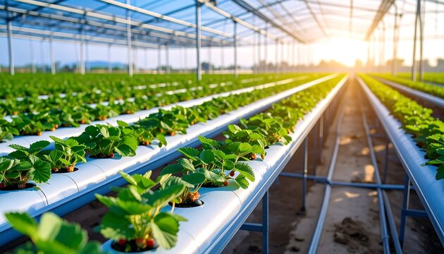 Rows of strawberry plants thrive in a sunlit hydroponic greenhouse