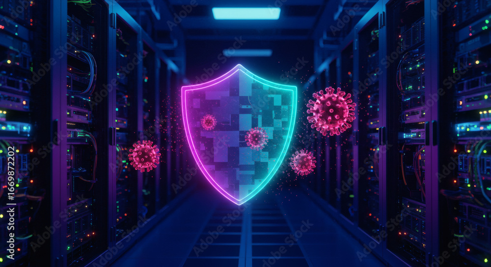 Poster cybersecurity shield protecting data servers from virus attacks