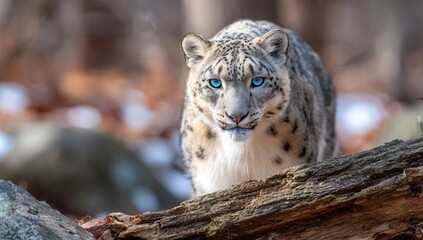 Fototapeta premium A captivating snow leopard, with piercing blue eyes, surveys its surroundings from atop a weathered log, bathed in natural light.