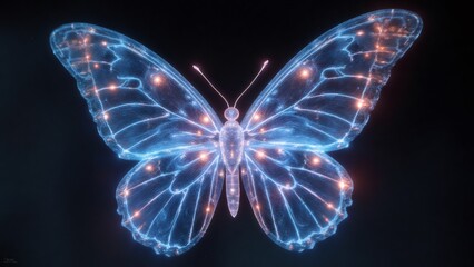 Glowing Blue Butterfly with Orange Lights on Black Background, Fantasy Art