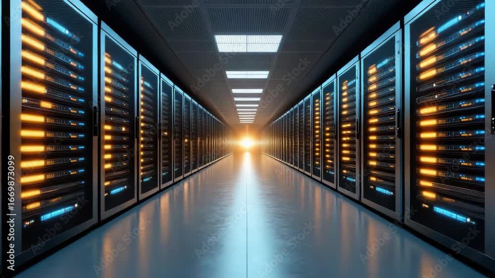 Poster illuminated data center server room showcasing advanced technology and storage network