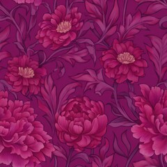 Vibrant Magenta Floral Pattern with Peonies and Leaves.