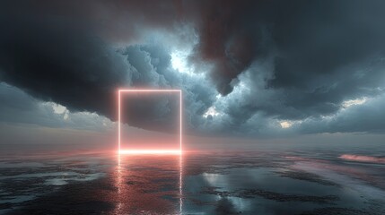 Neon square portal through stormy clouds
