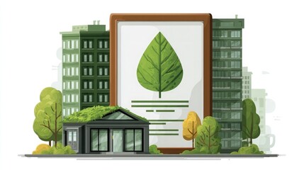 Certificate with leaf and building icon symbolizing green building certifications, eco-friendly construction, and sustainable architecture. 