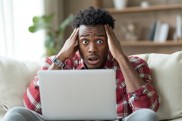 Upset African-American man sitting on the sofa at home, worriedly looking at his laptop screen, reading bad news, or watching a video, demonstrating concern over a challenging, Generative AI