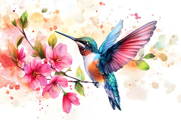 Beautiful hand-painted watercolor of a hummingbird sipping nectar from blooming flowers, capturing motion, intricate feather details, and a light, airy natural atmosphere