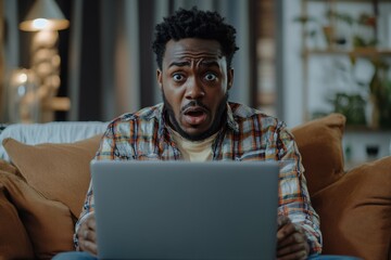 Upset African-American man sitting on the sofa at home, worriedly looking at his laptop screen, reading bad news, or watching a video, demonstrating concern over a challenging, Generative AI