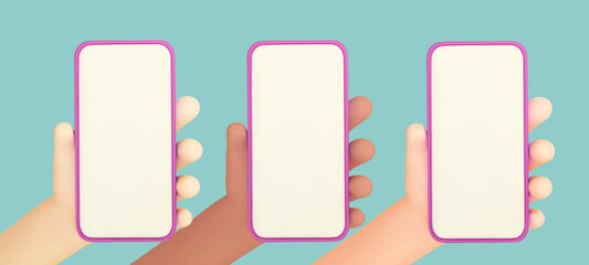 3D vector hands set holding mobile phone. Person using smartphone with empty screen for mockup mobile concept. Cartoon style illustration for web graphic design
