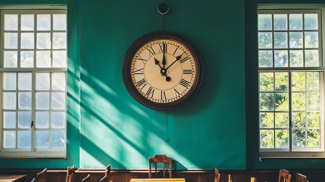 Sunlight shifts in vintage classroom highlighting timeless wall clock and wooden desks
