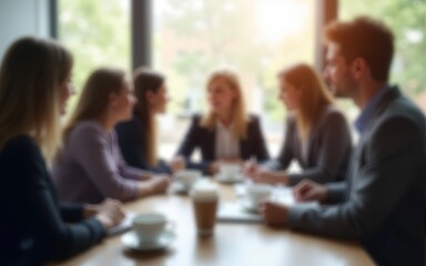 Abstract blurred people socializing during coffee break at business meeting or conference. High quality
