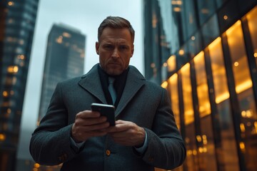 Serious businessman holding a phone, reading an online message, and typing, focused on his work as an investor outside the office building, representing concentration and success, Generative AI