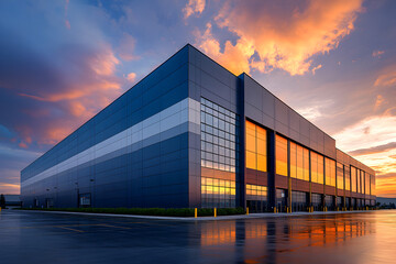 Obraz premium Contemporary warehouse office facility with sleek exterior design, modern industrial architecture for business or corporate use.