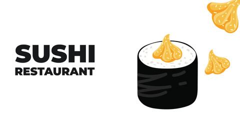 Vector illustrated advertising web and desktop banner with Japanese cuisine, traditional Asian food including sushi and rolls, perfect for Asian restaurant branding, menu design, and promotional