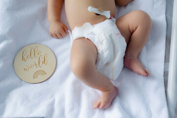 Newborn baby lies peacefully in a cozy crib surrounded by soft fabric and a wooden milestone disc celebrating the arrival into the world